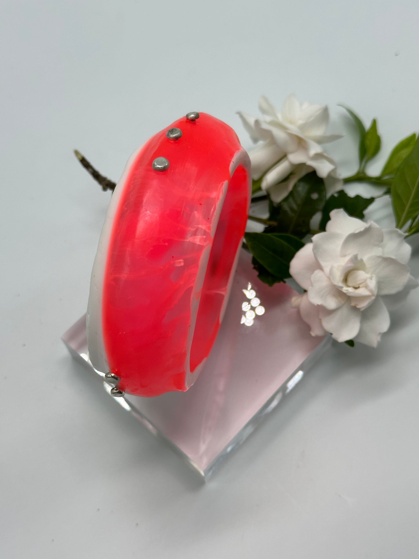 Neon Red & White Resin with sterling silver - XL