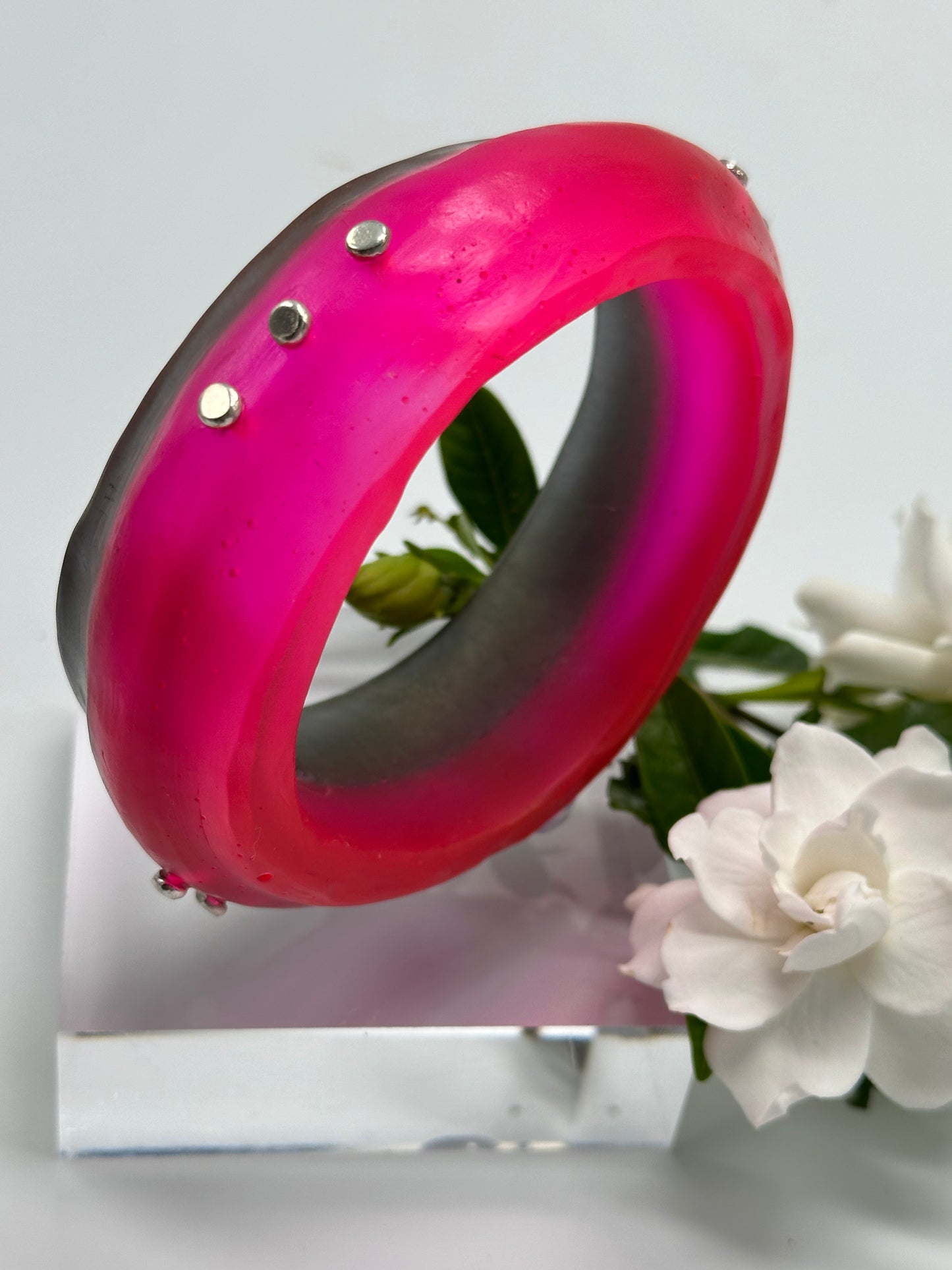 Two toned Hot Pink/Moss Resin with sterling silver - XL