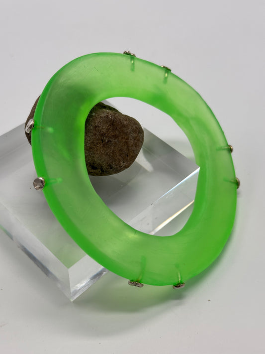 Neon Green Irregular Flat Resin and sterling silver nugget bangle