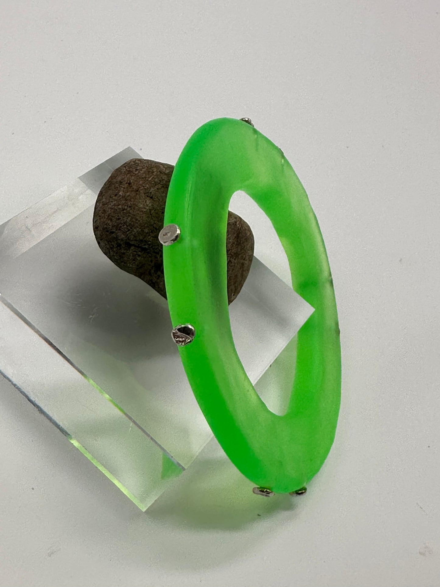 Neon Green Irregular Flat Resin and sterling silver nugget bangle