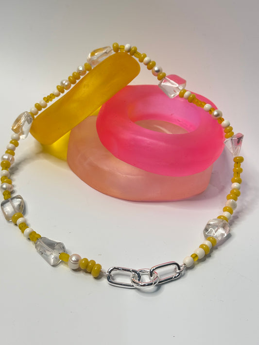 Yellow combination of semi precious beads with silver catches