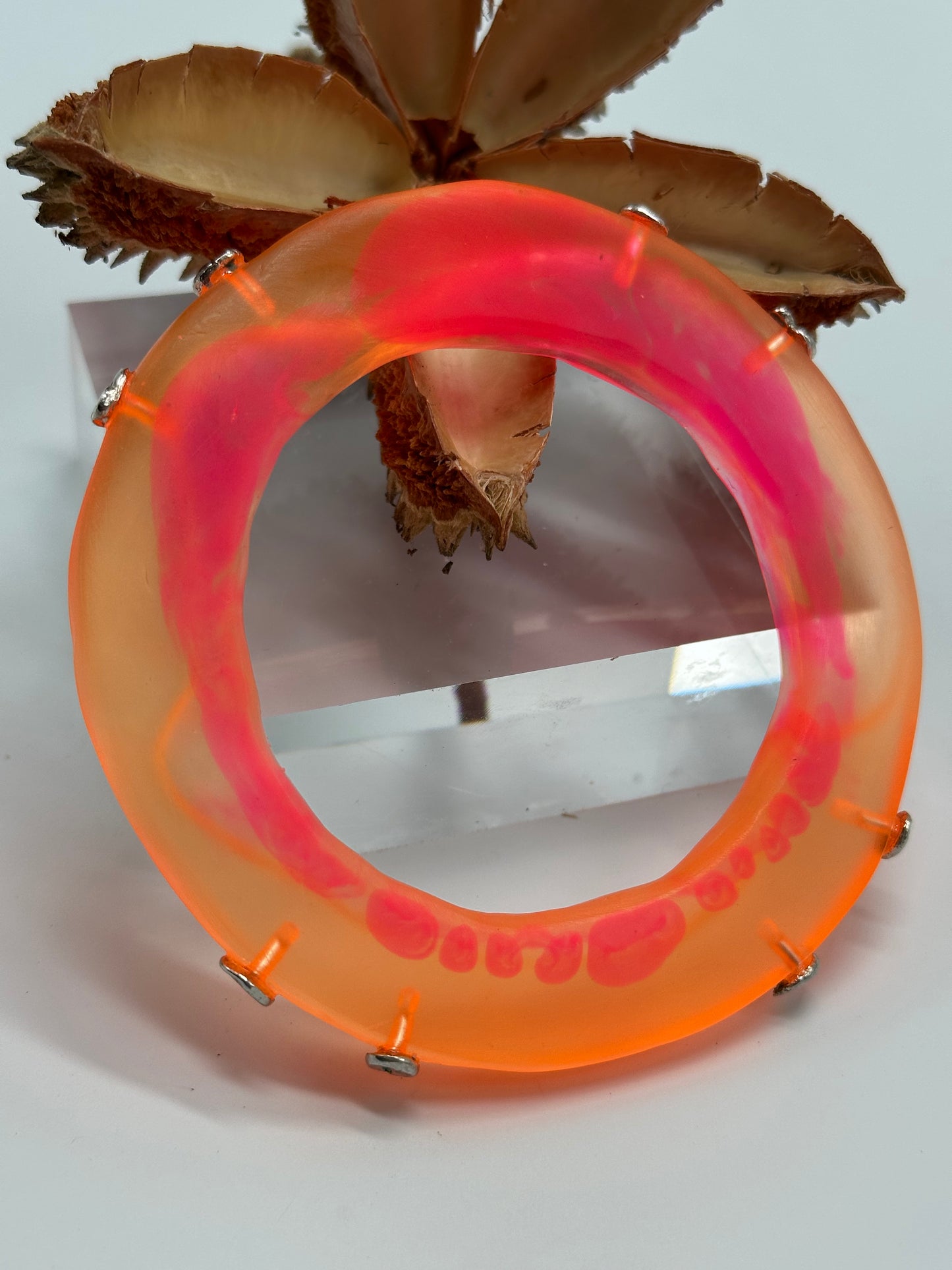 Neon Orange/Pink Irregular Flat Resin and sterling silver nugget bangle
