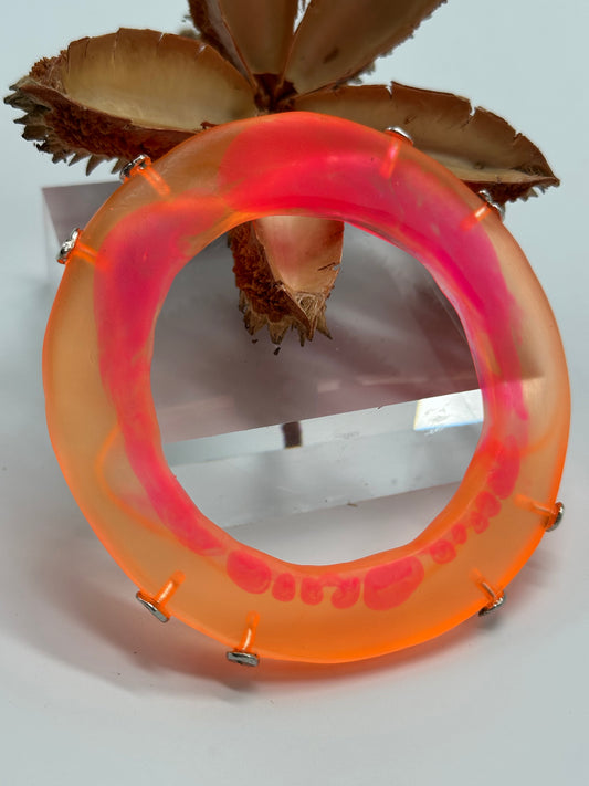 Neon Orange/Pink Irregular Flat Resin and sterling silver nugget bangle