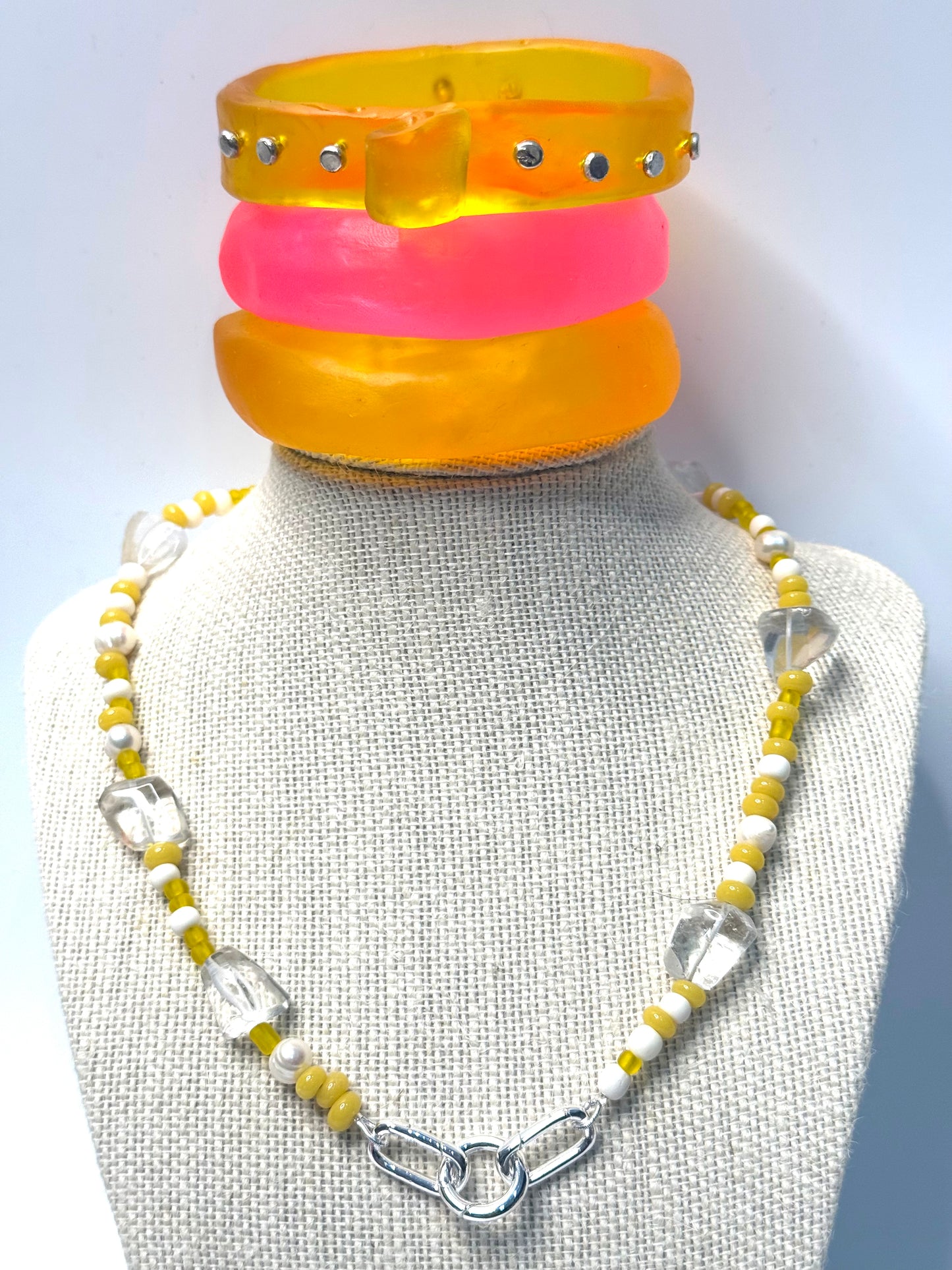 Yellow combination of semi precious beads with silver catches