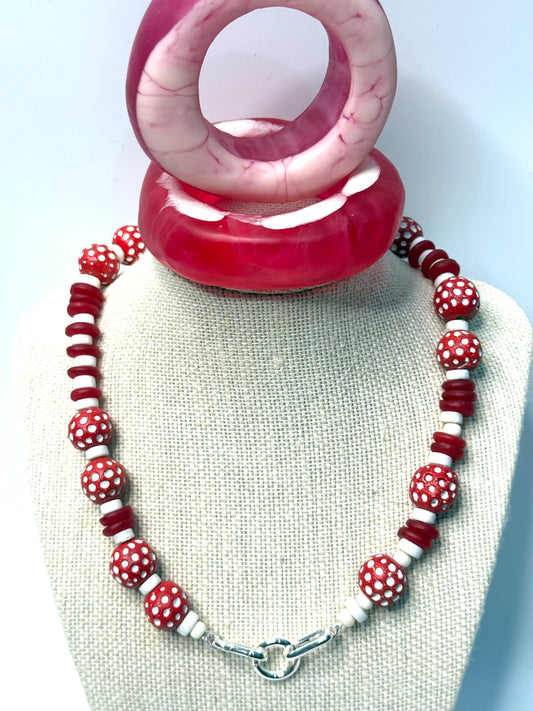 Reds/white combination of semi precious beads with silver catches