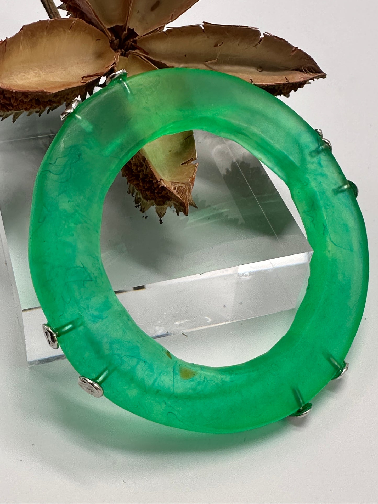Pale Green Irregular Flat Resin and sterling silver nugget bangle