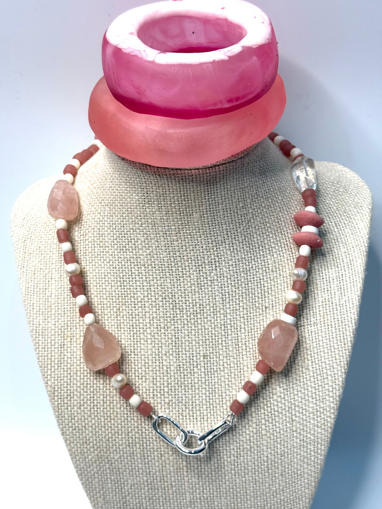 Pink combination of semi precious beads with silver catches