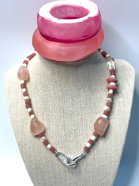 Pink combination of semi precious beads with silver catches