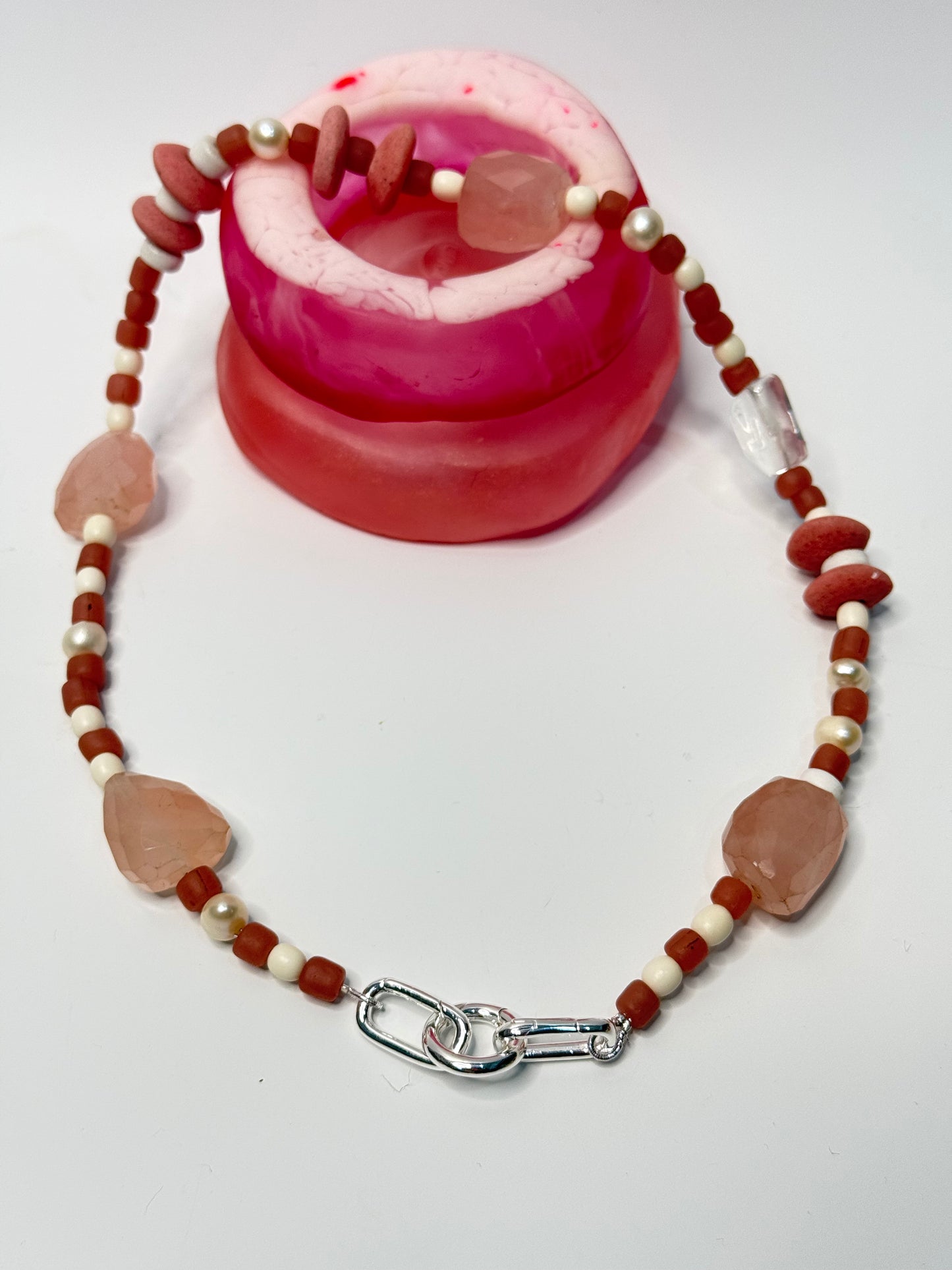 Pink combination of semi precious beads with silver catches