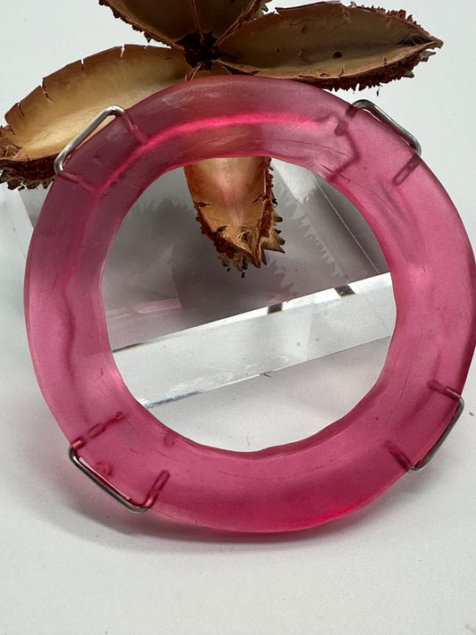 Strawberry Red Irregular Flat Resin and sterling silver staple bangle