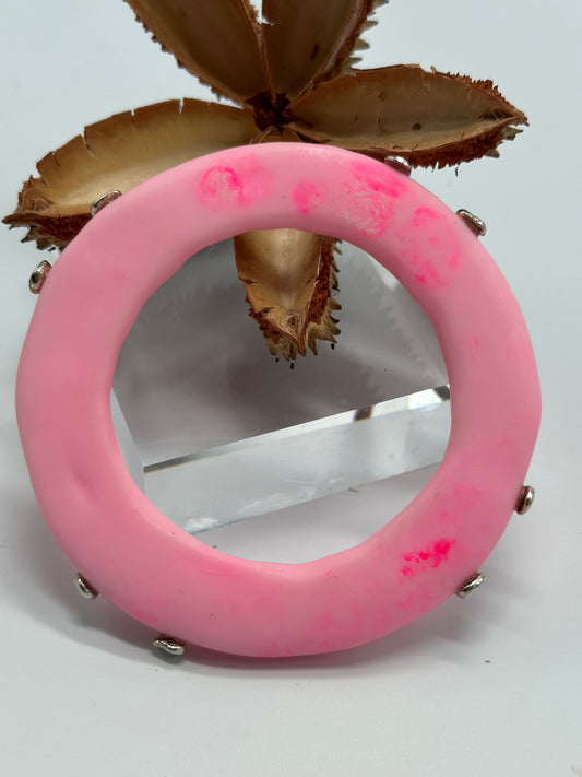 Baby Pink Irregular Flat Resin and sterling silver staple bangle