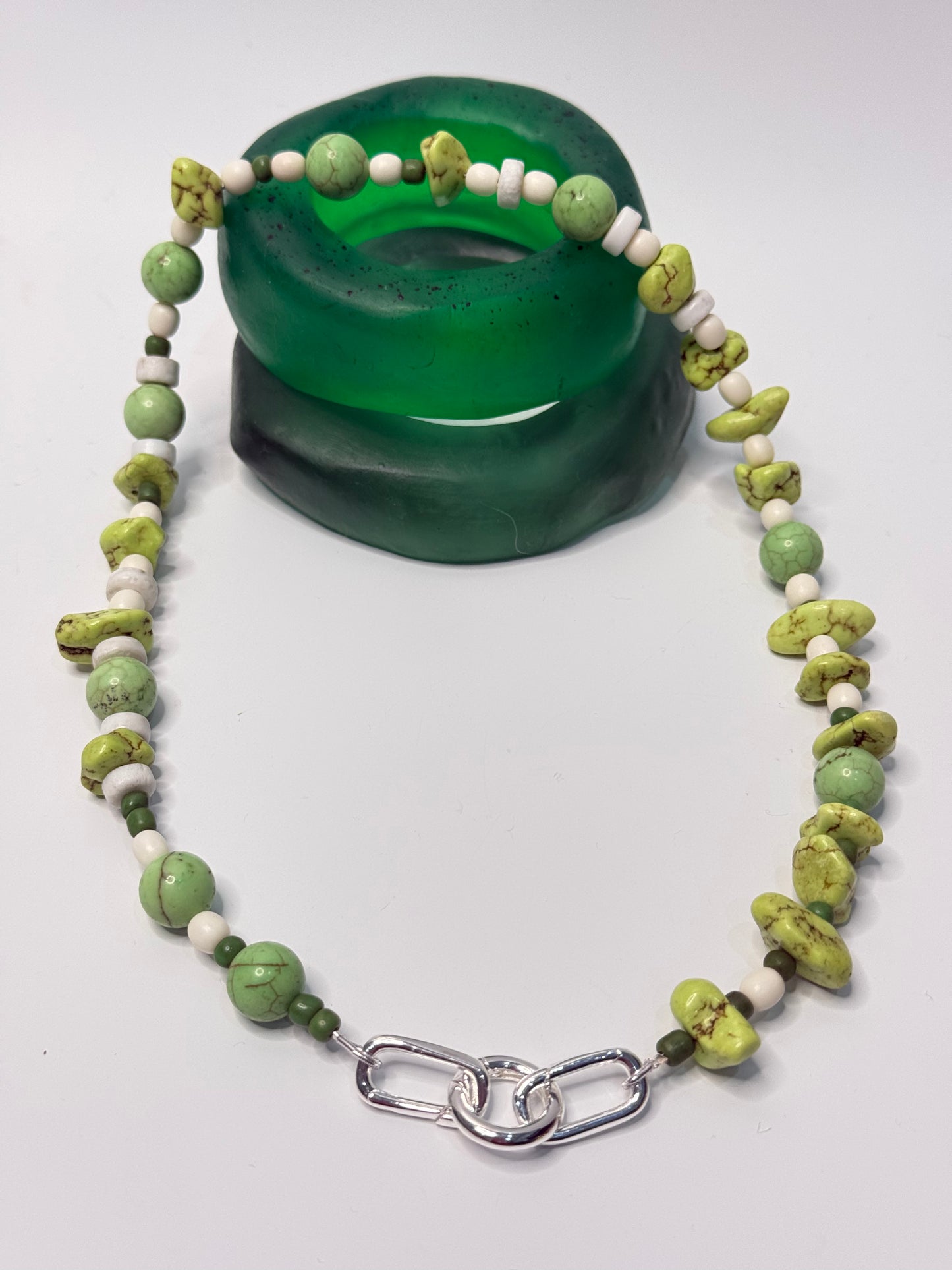 Green combination of semi precious beads with silver catches