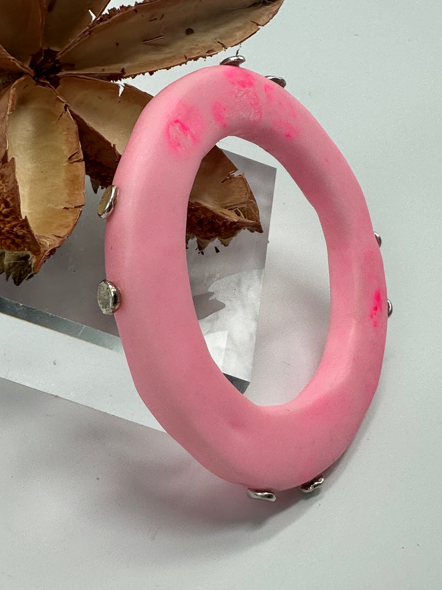 Baby Pink Irregular Flat Resin and sterling silver staple bangle