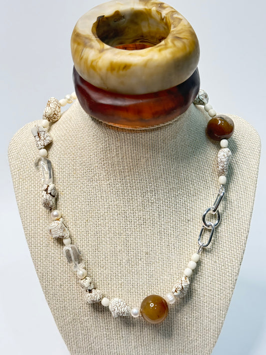 Brown combination of semi precious beads with silver catches