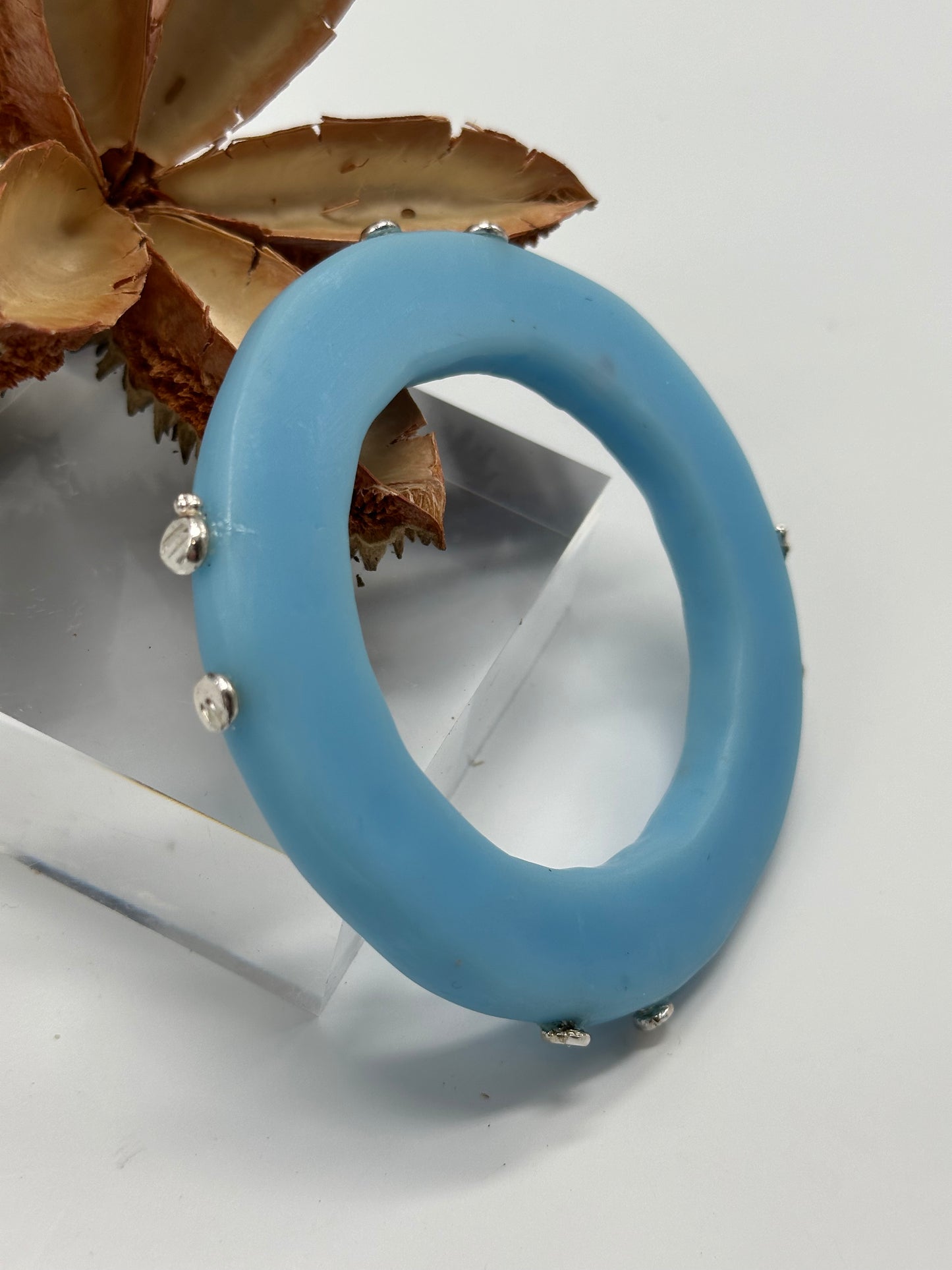 Baby Blue Irregular Flat Resin and sterling silver nuggets bangle