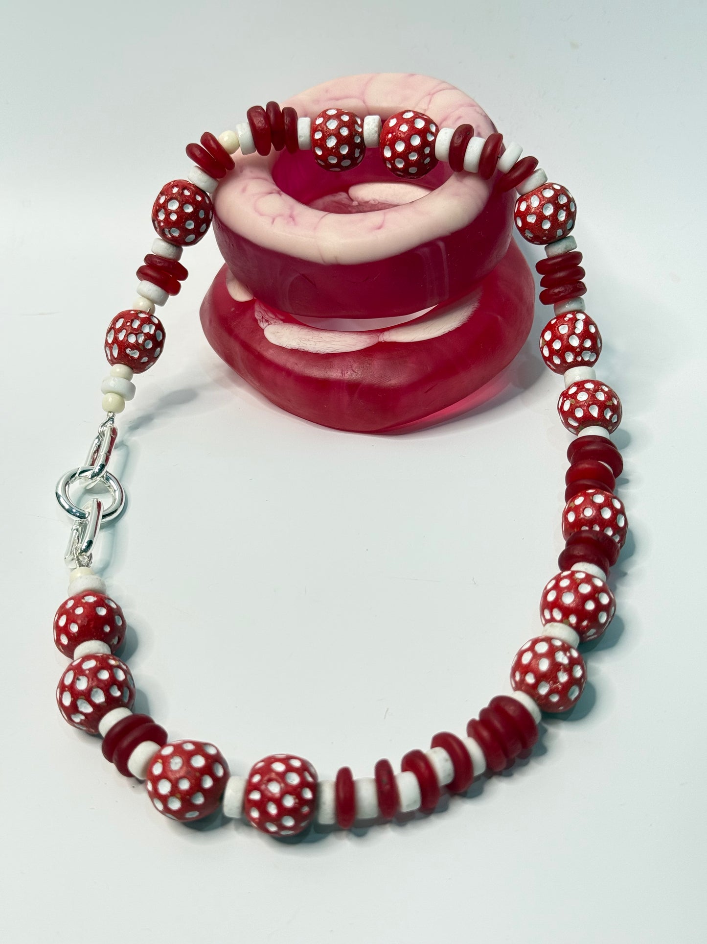 Reds/white combination of semi precious beads with silver catches
