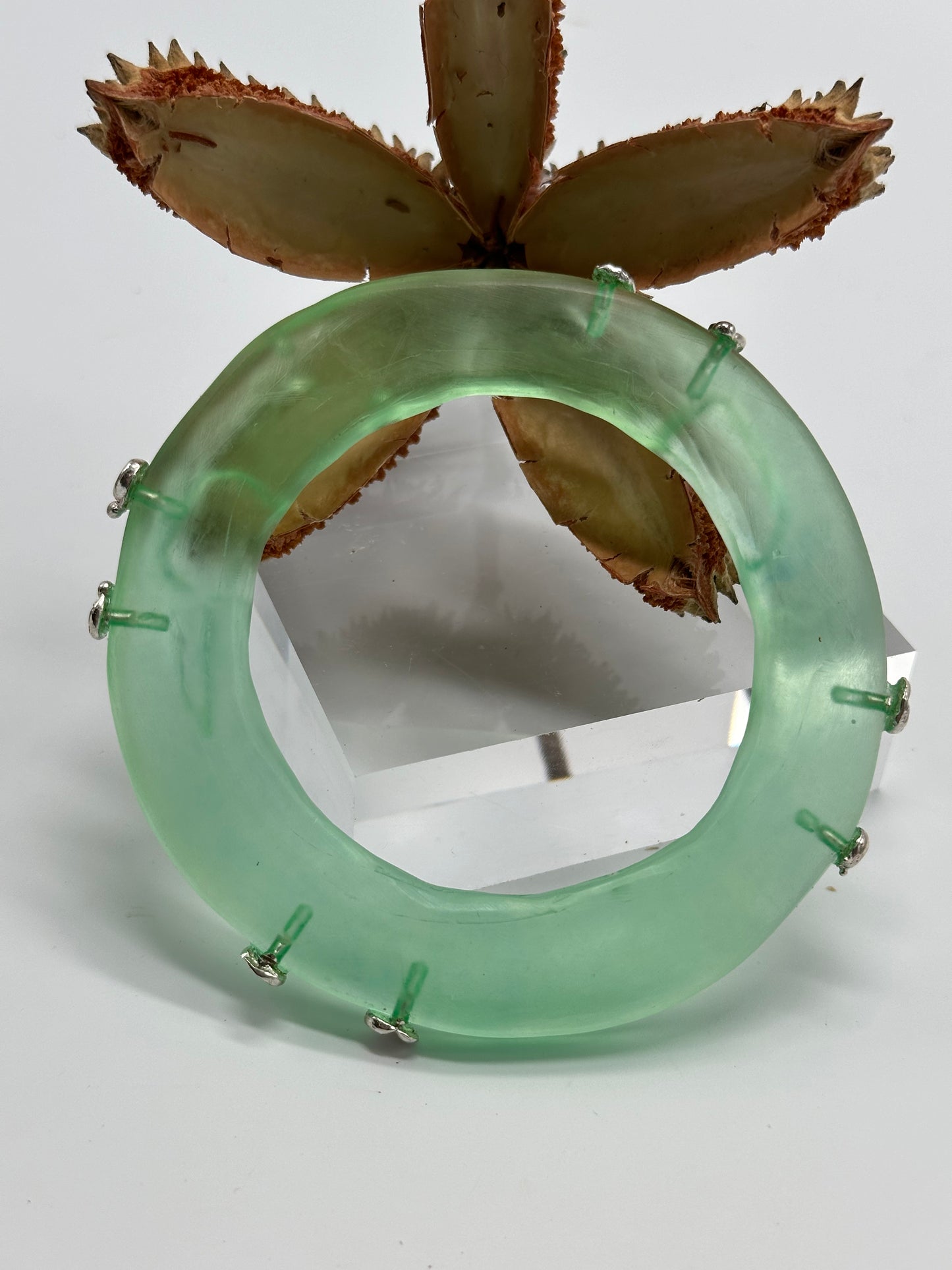 Pale Green Irregular Flat Resin and sterling silver nugget bangle