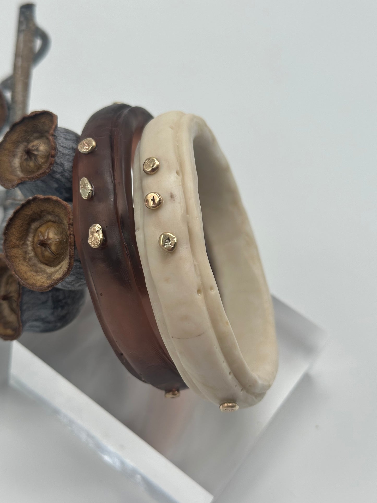 Translucent Brown rim bangle with gold nuggets