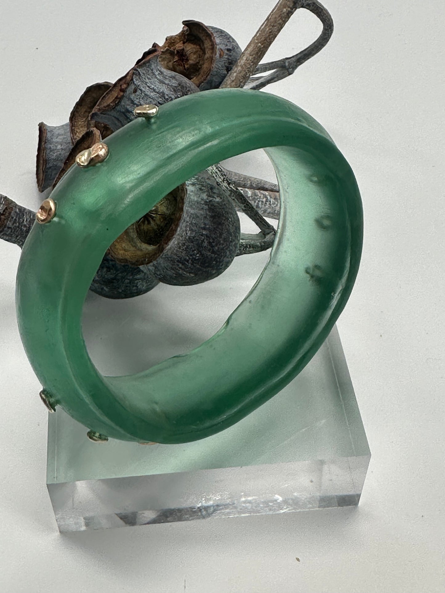 Translucent Green Resin & Gold nugget wide bangle - regular hand size