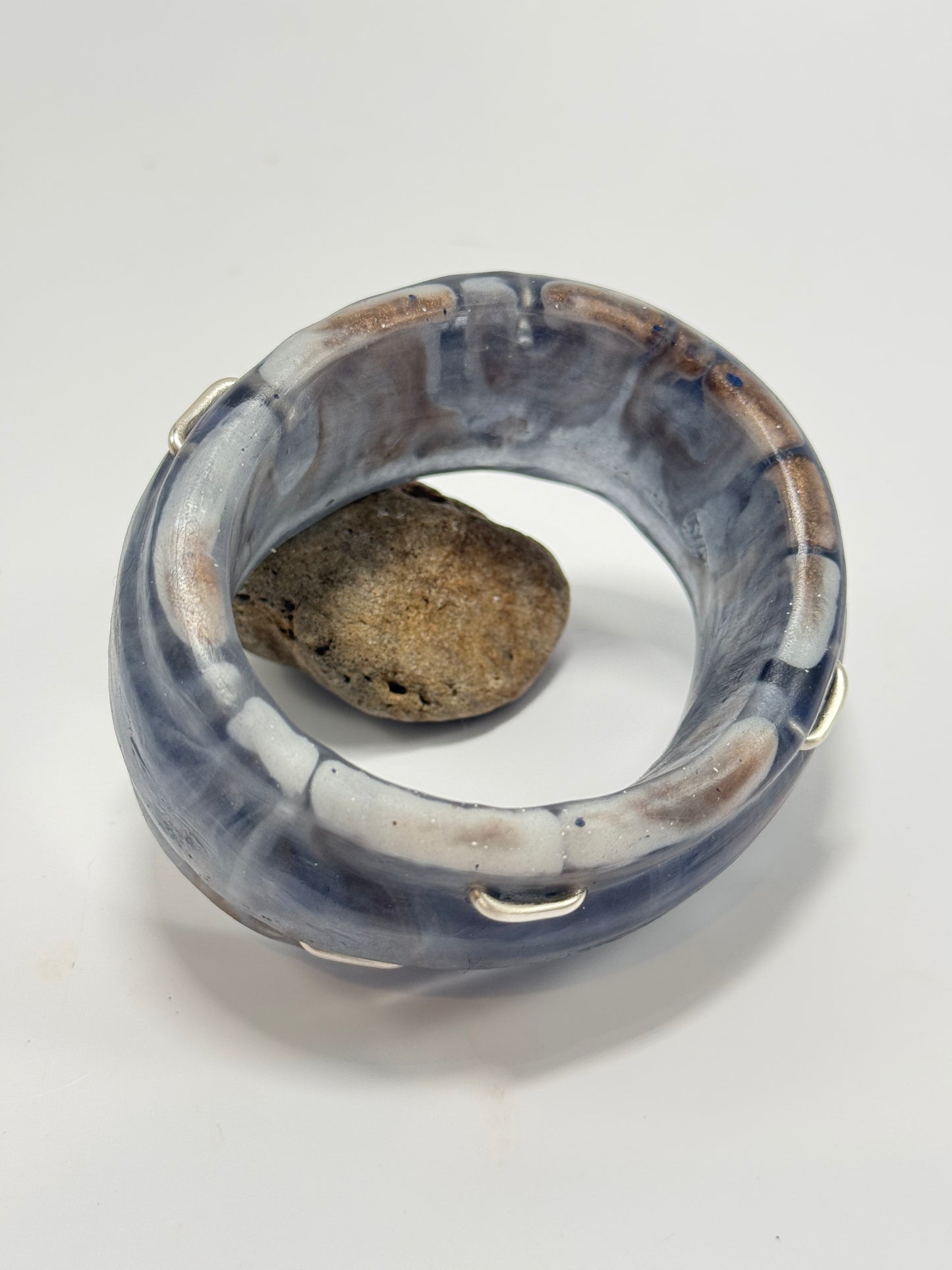 Navy, white & brown Oval Thick Rim Resin & silver wide bangle - XS hand size