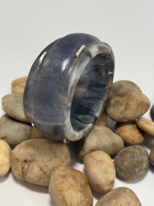 Navy, white & brown Oval Thick Rim Resin & silver wide bangle - XS hand size