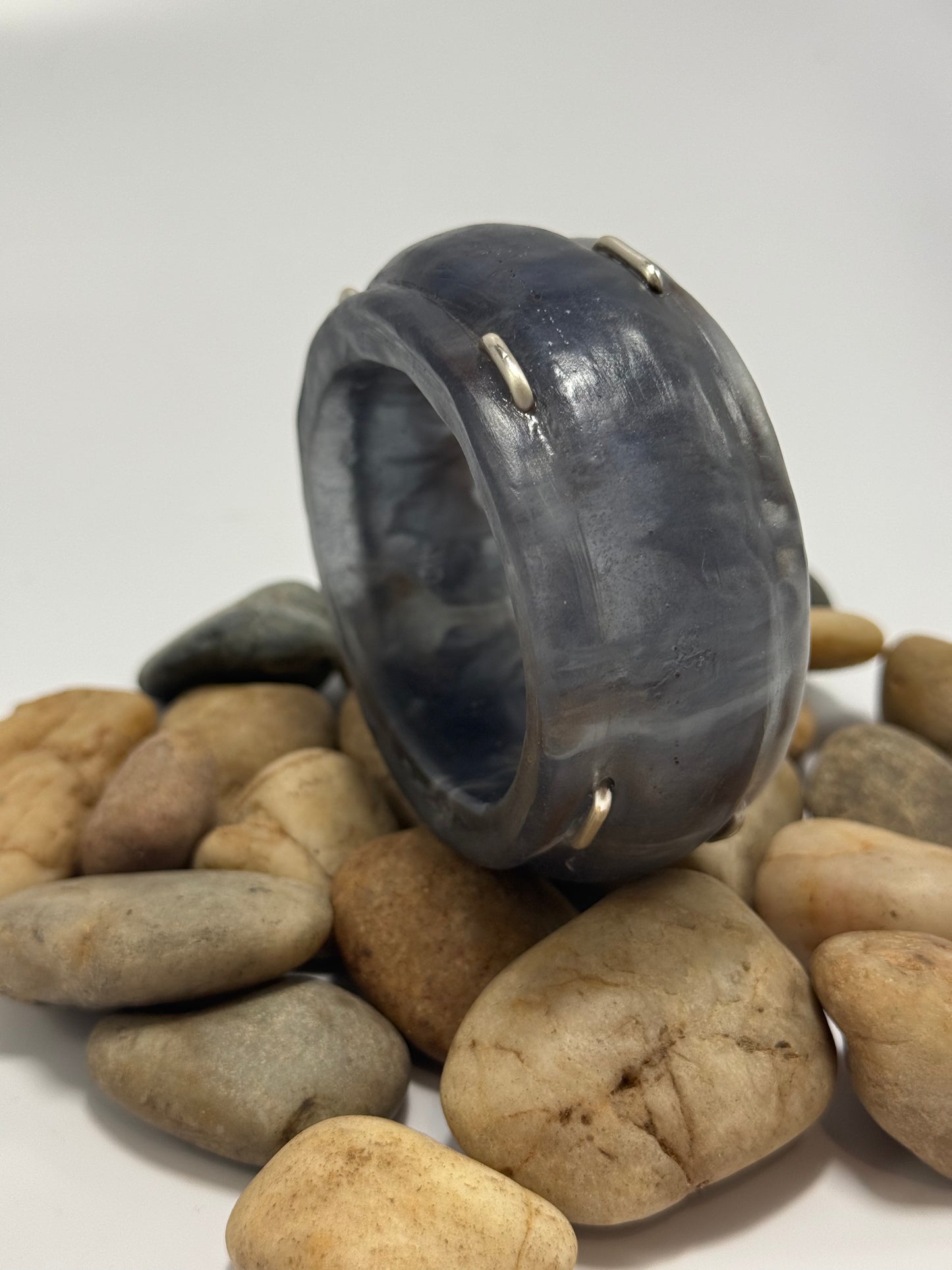 Navy, white & brown Oval Thick Rim Resin & silver wide bangle - XS hand size