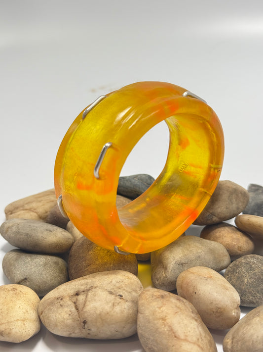 Yellow & Orange Oval Thick Rim Resin & silver wide bangle - XS hand size