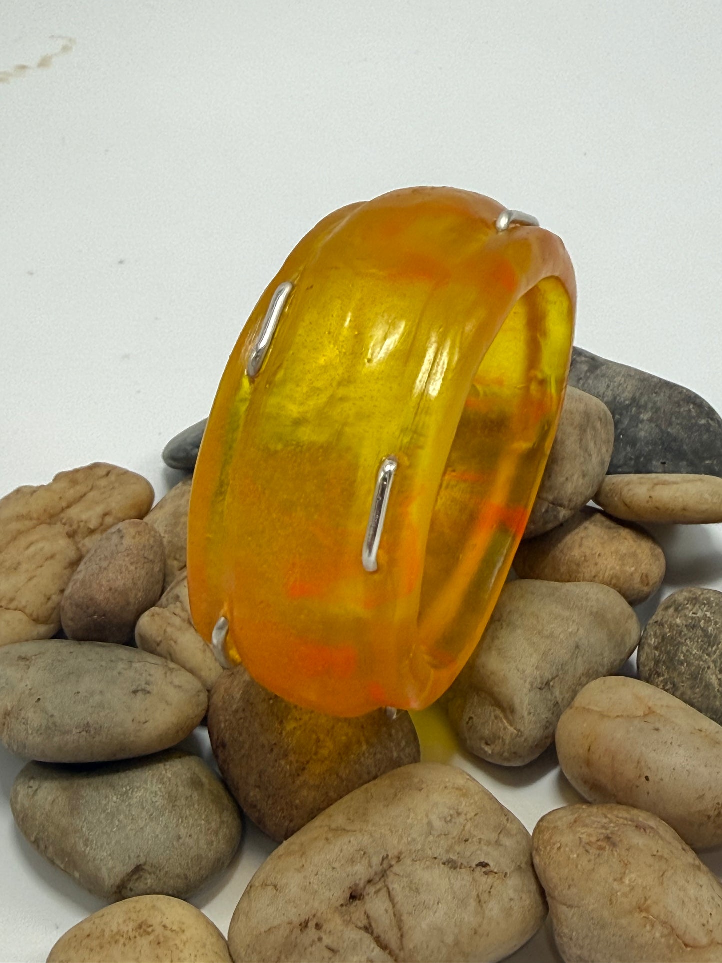 Yellow & Orange Oval Thick Rim Resin & silver wide bangle - XS hand size
