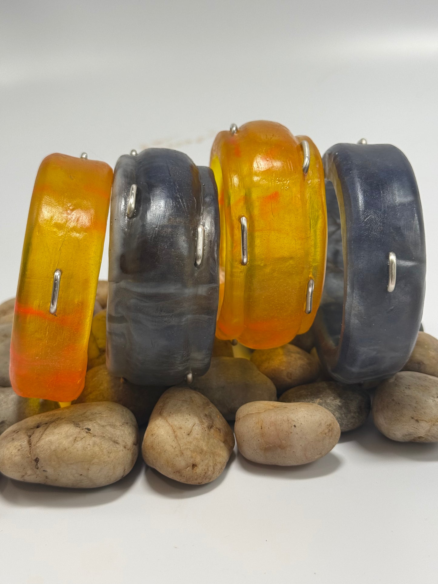 Yellow & Orange Oval Thick Rim Resin & silver wide bangle - XS hand size