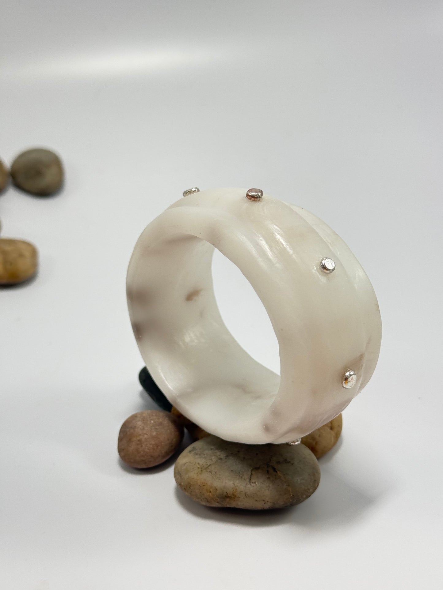 White & Brown Oval Thick Rim Resin & silver wide bangle - XS hand size