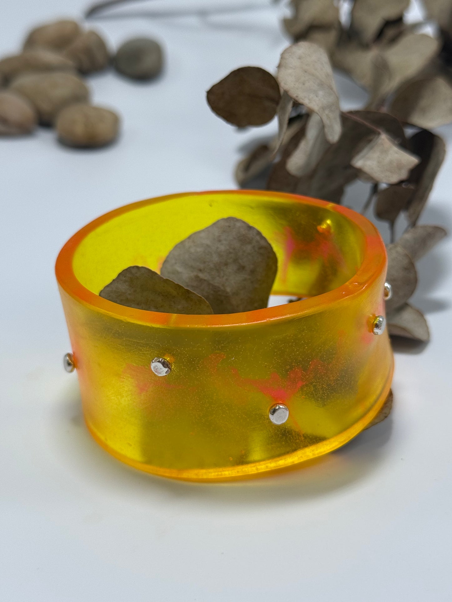 Wide Yellow/Neon pink Resin & silver Cuff