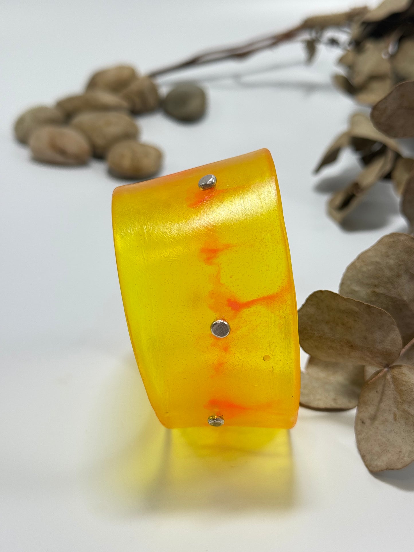 Wide Yellow/Neon pink Resin & silver Cuff