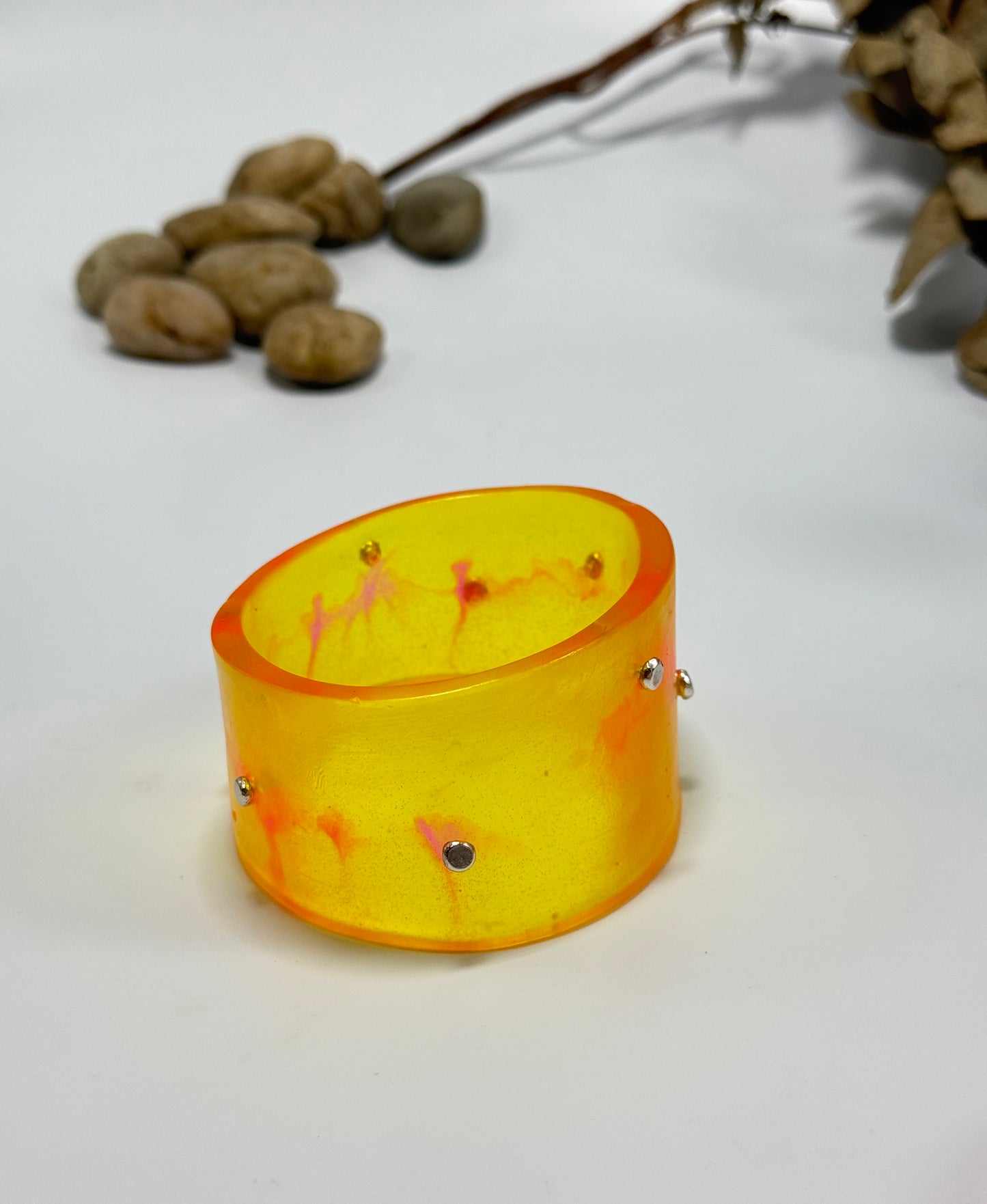 Wide Yellow/Neon pink Resin & silver Cuff