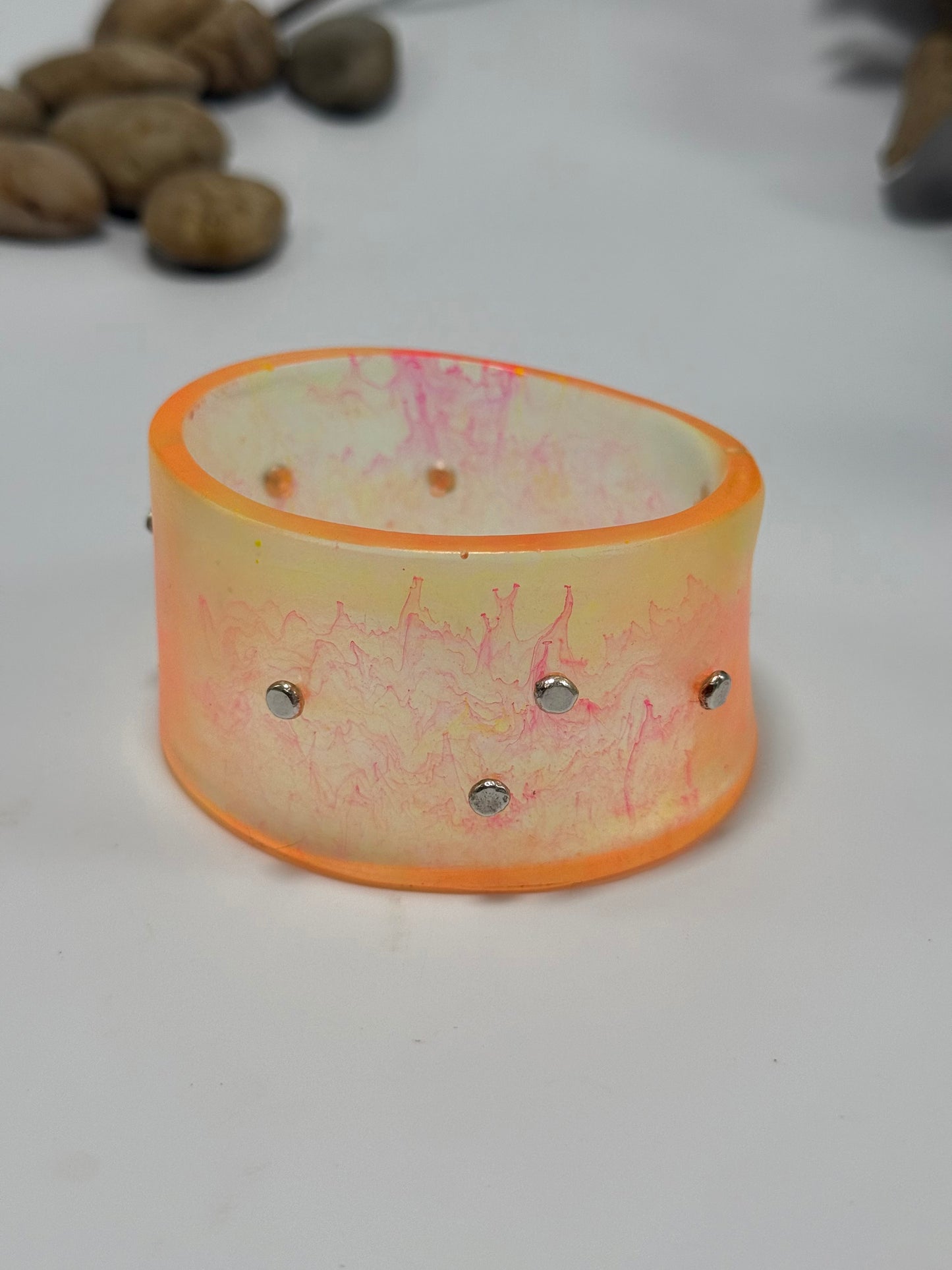 Wide Yellow/Neon pink/orange Resin & silver Cuff