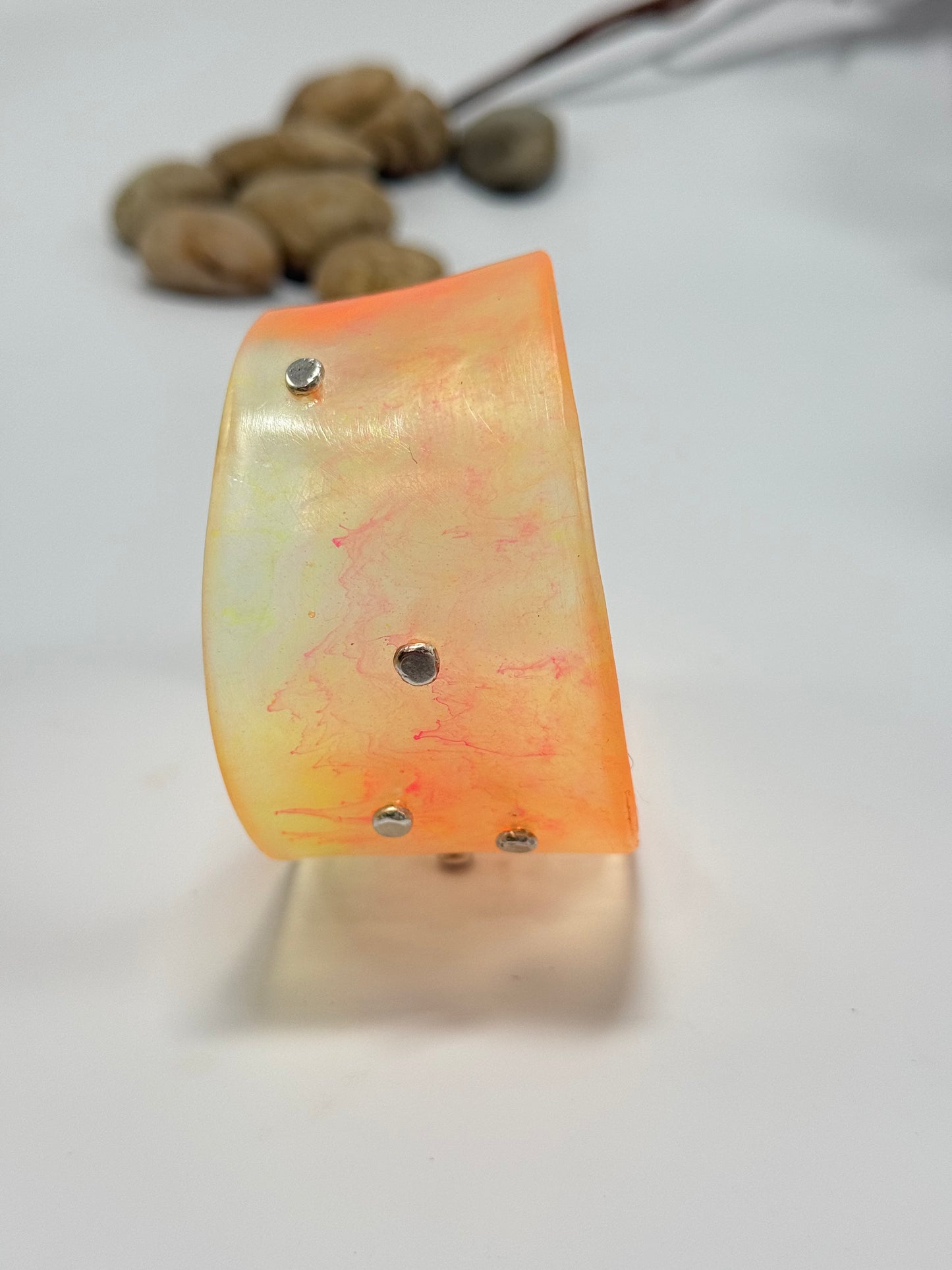 Wide Yellow/Neon pink/orange Resin & silver Cuff