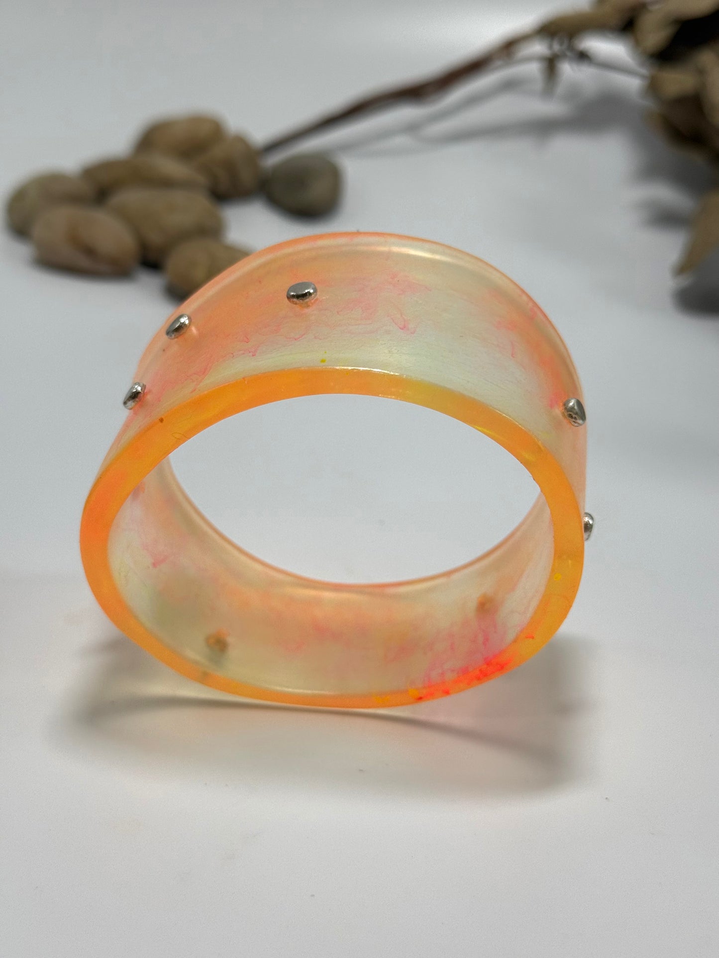 Wide Yellow/Neon pink/orange Resin & silver Cuff