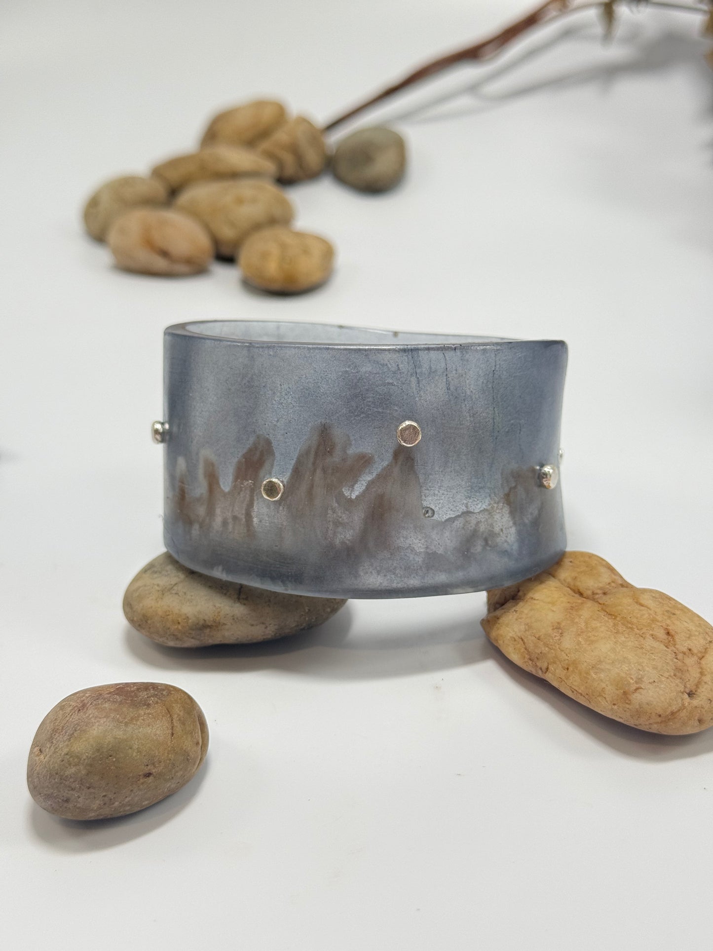 Wide Navy/brown/white Resin & silver Cuff