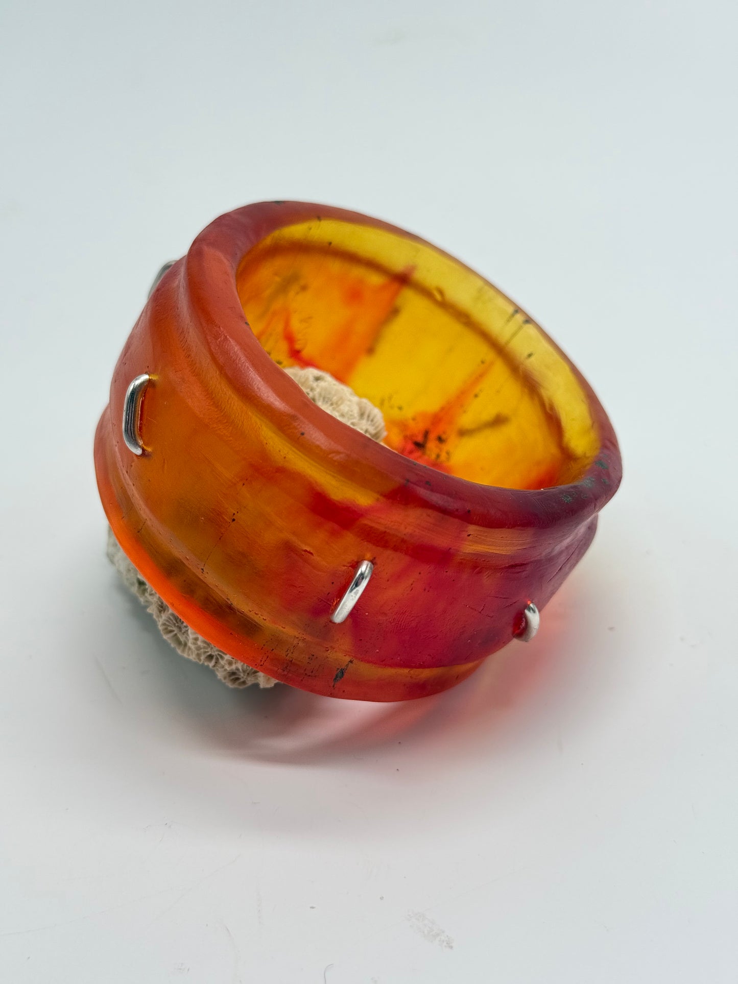 Orange/Red/Brown Oval Thick Rim Resin & silver wide bangle - regular hand size