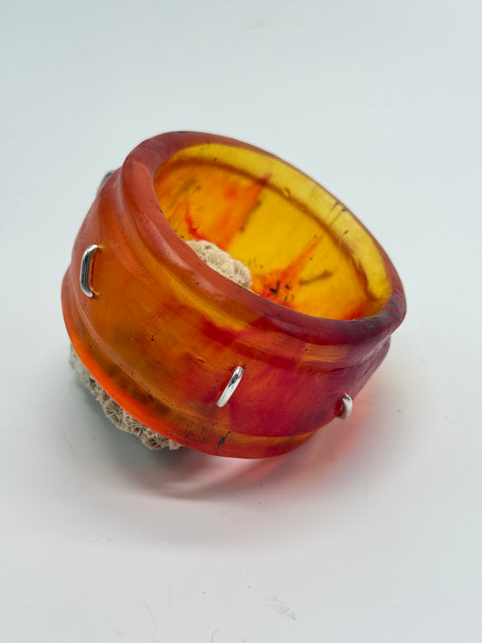 Orange/Red/Brown Oval Thick Rim Resin & silver wide bangle - regular hand size