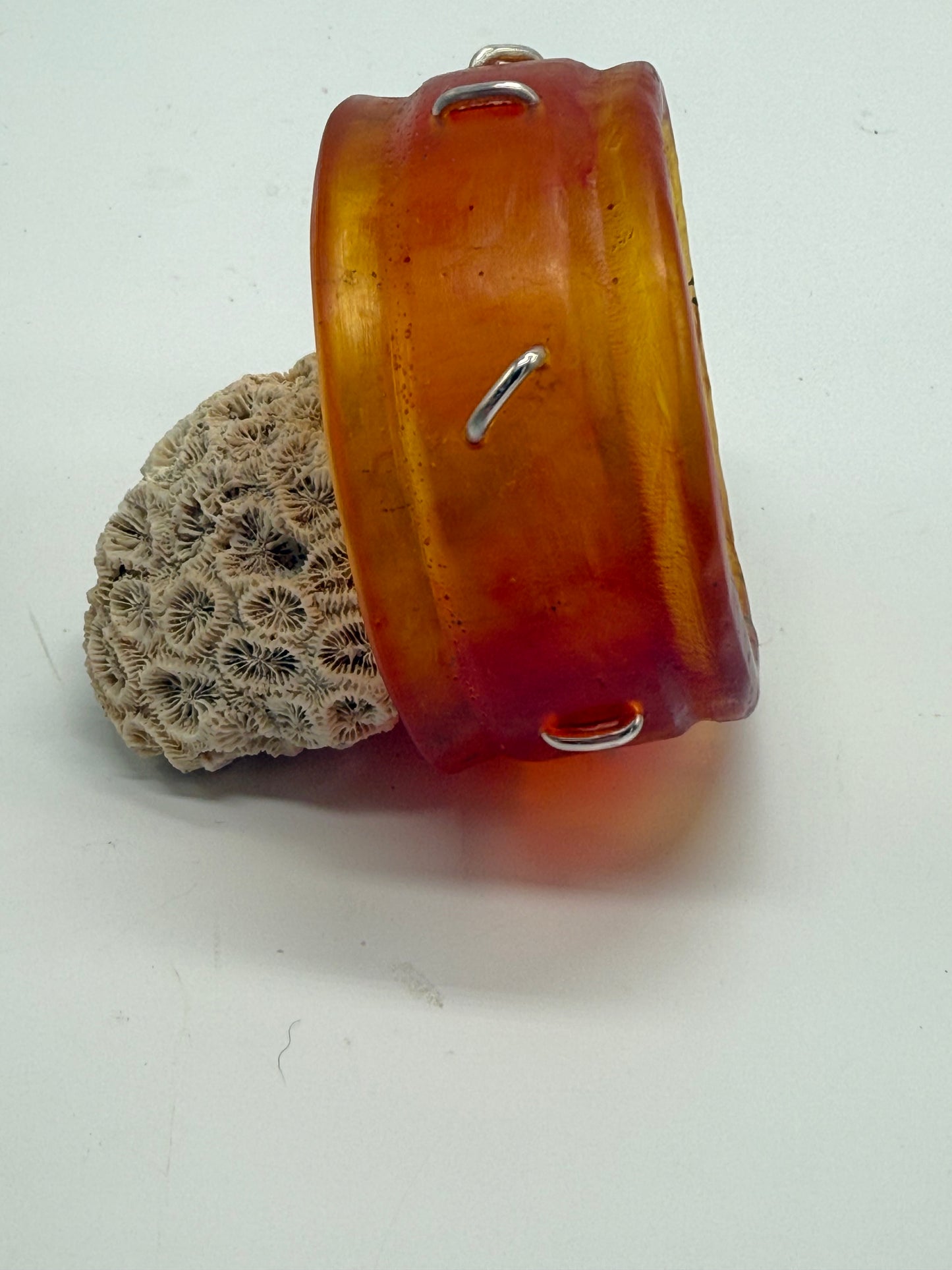 Orange/Red/Brown Oval Thick Rim Resin & silver wide bangle - regular hand size
