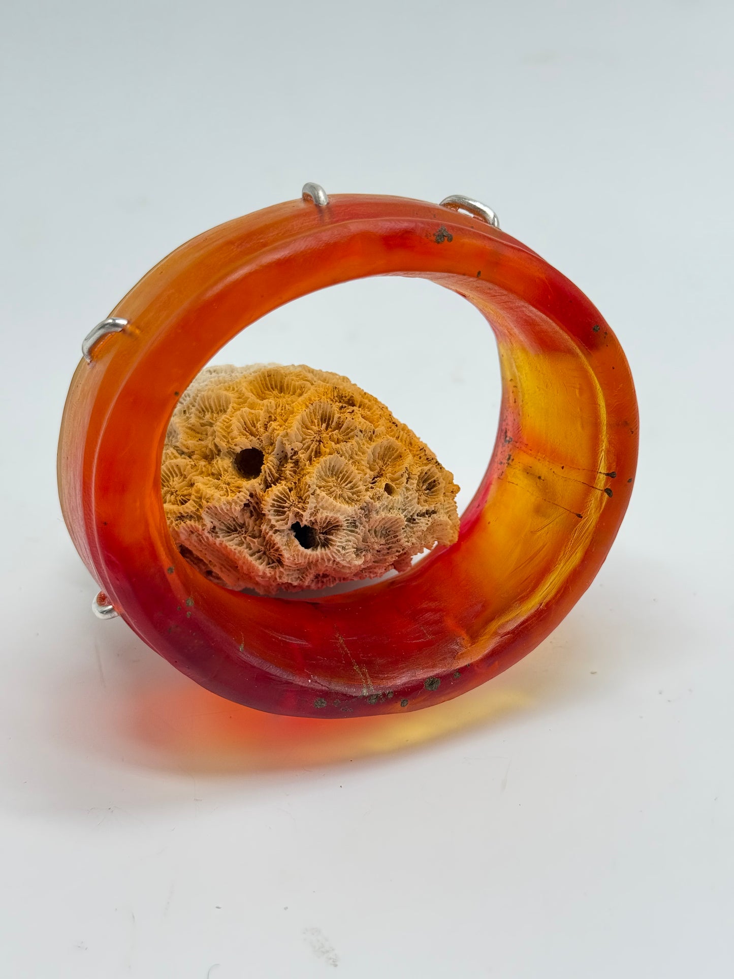 Orange/Red/Brown Oval Thick Rim Resin & silver wide bangle - regular hand size
