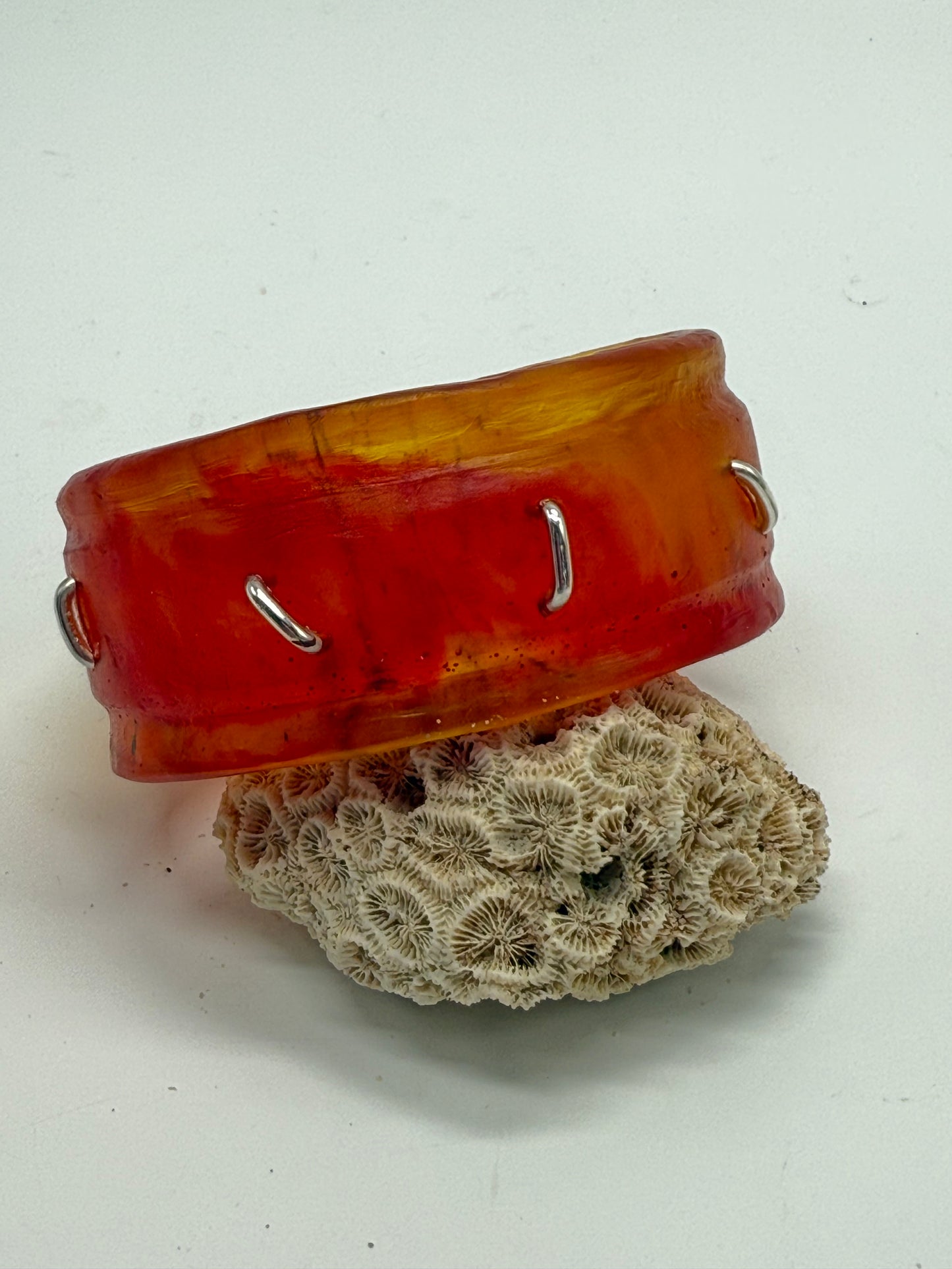 Orange/Red/Brown Oval Thick Rim Resin & silver wide bangle - regular hand size