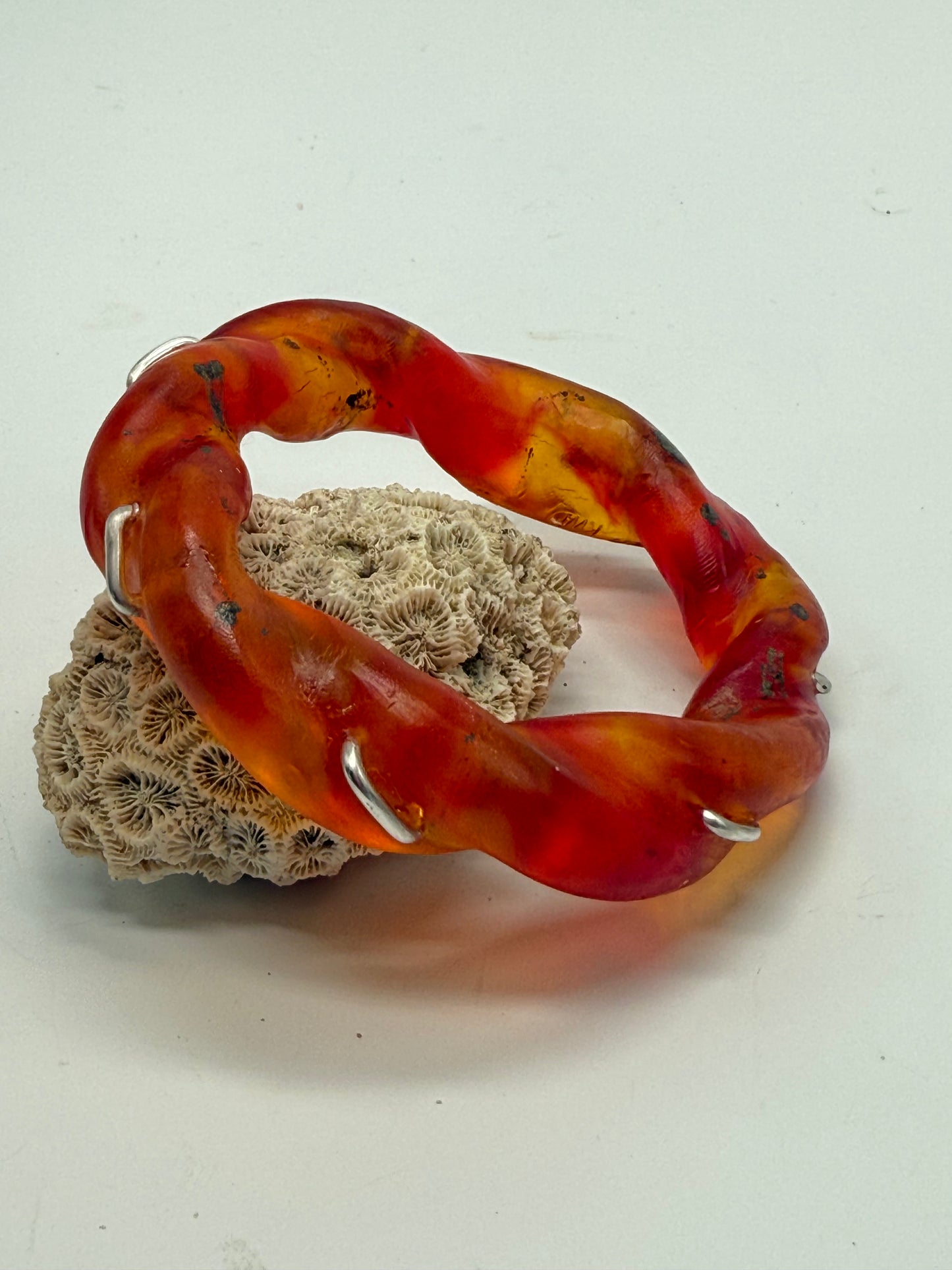 Translucent Red/Orange/Brown Chunky twist resin & silver bangle
