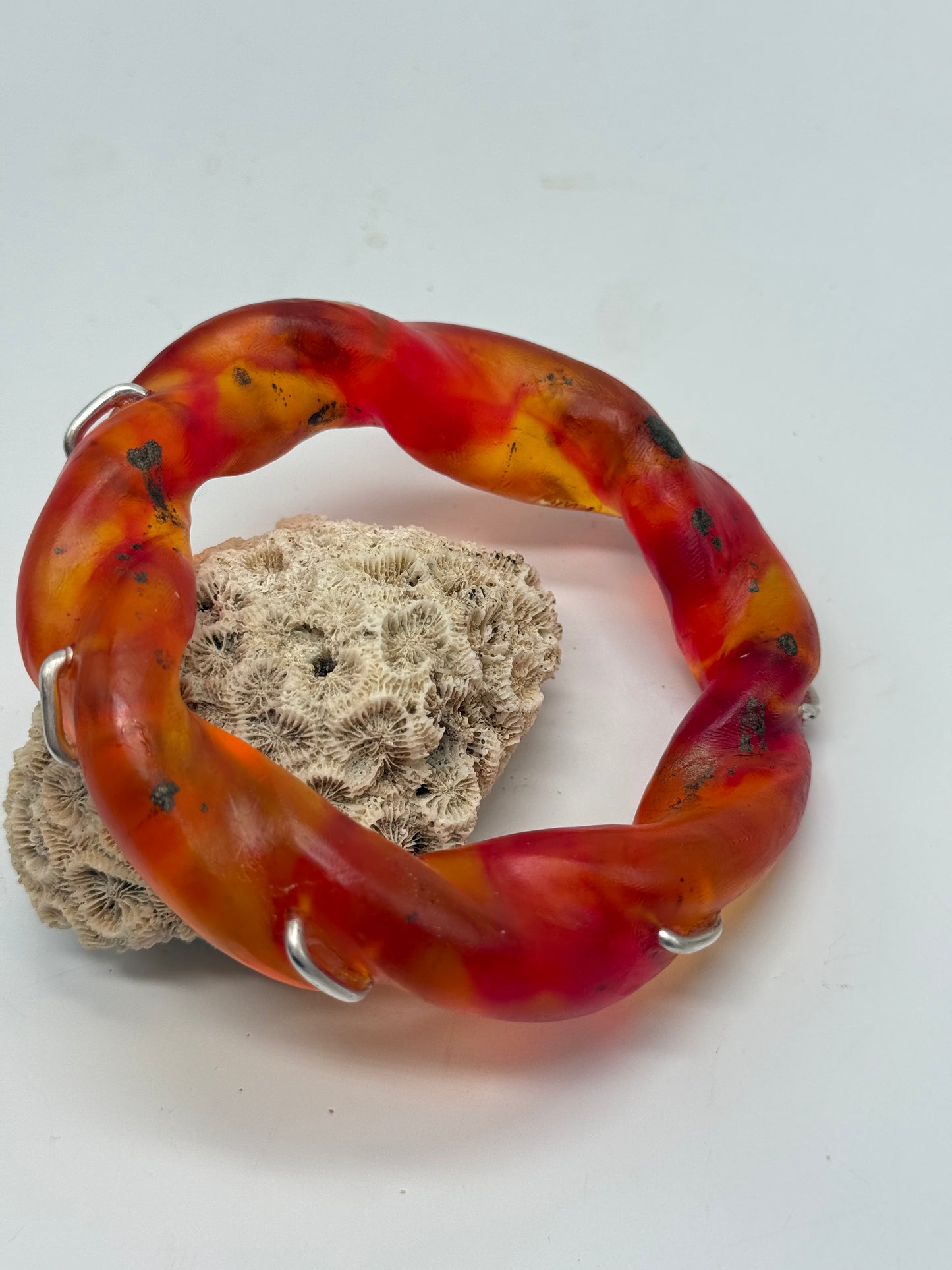 Translucent Red/Orange/Brown Chunky twist resin & silver bangle