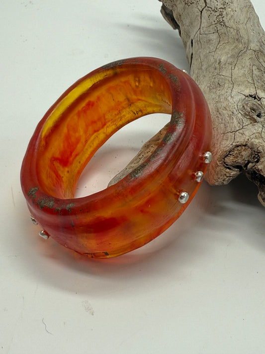 Red/Orange/Brown Oval Thick Rim Resin & silver wide bangle - XS hand size