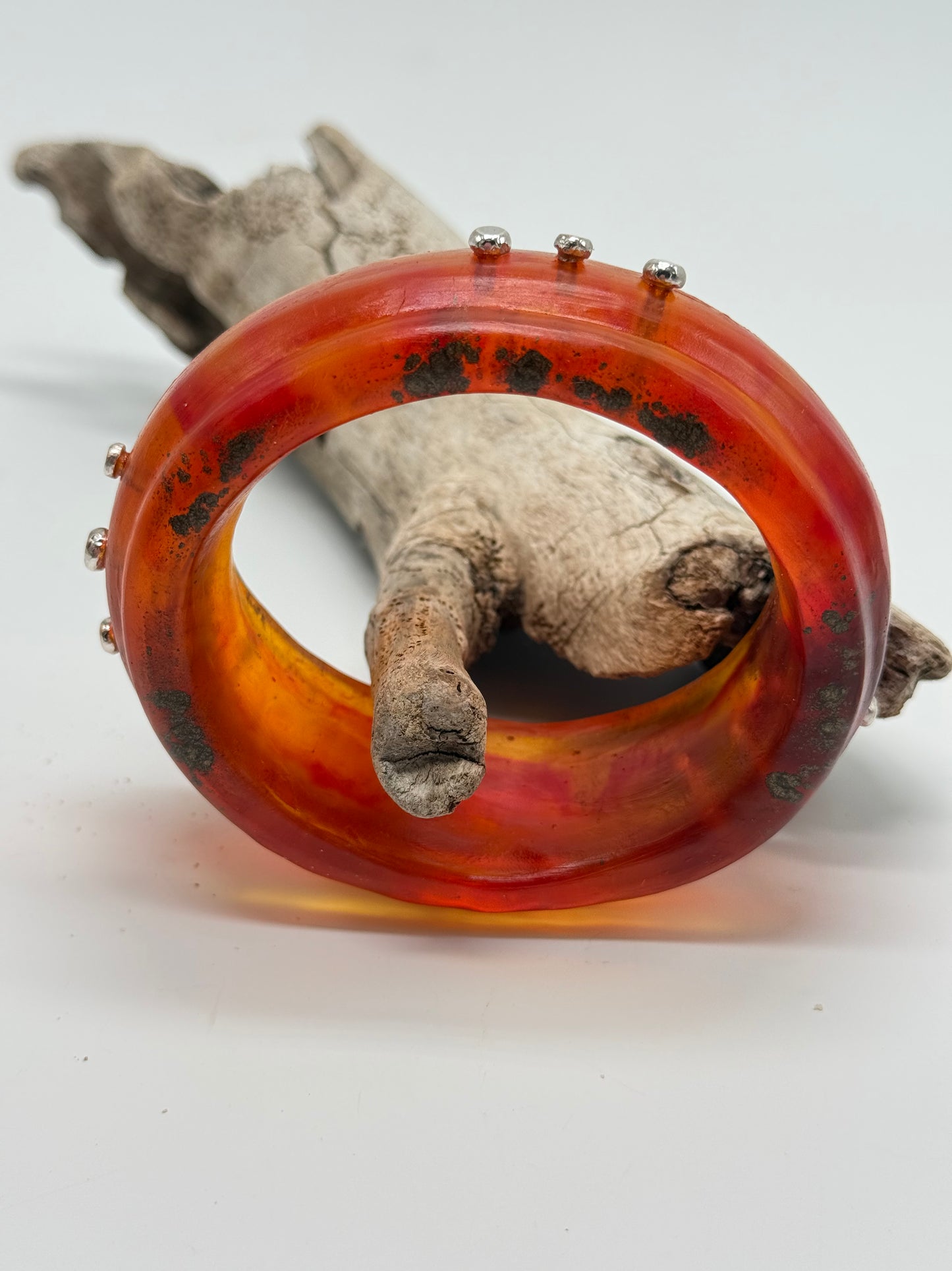 Red/Orange/Brown Oval Thick Rim Resin & silver wide bangle - XS hand size