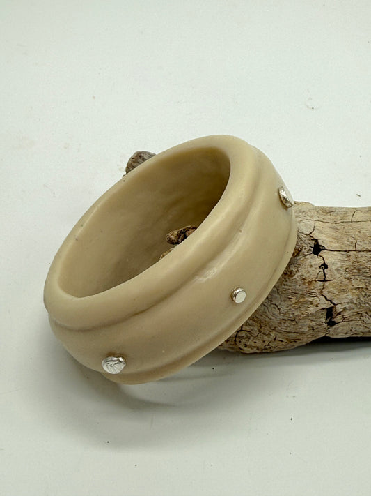 Beach Sand coloured Oval Thick Rim Resin & silver wide bangle - XS hand size