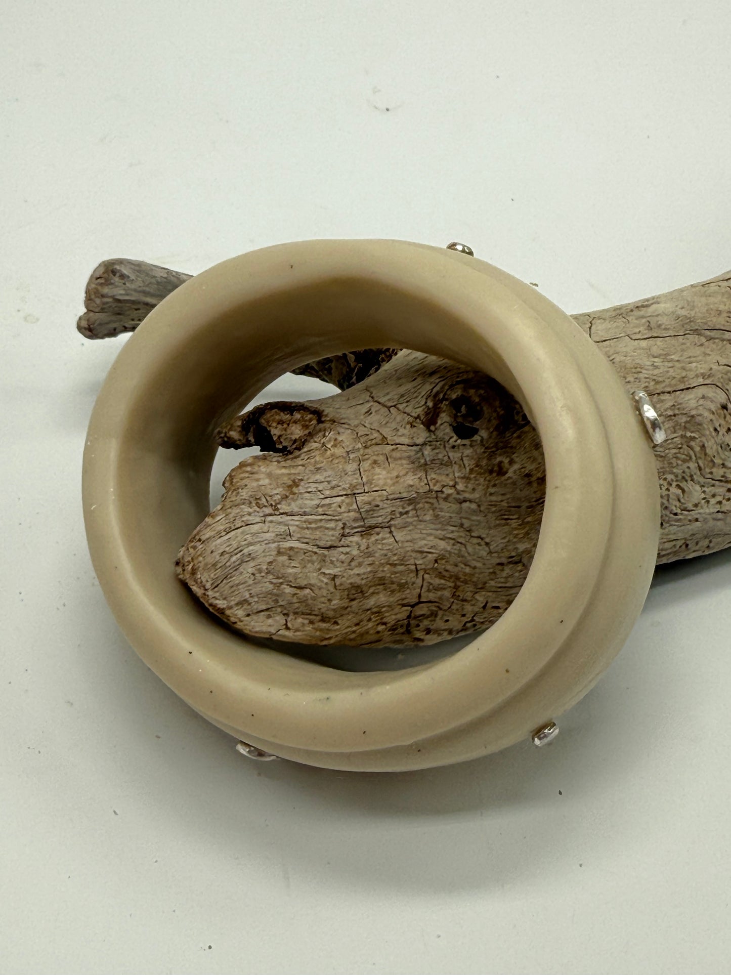 Beach Sand coloured Oval Thick Rim Resin & silver wide bangle - XS hand size