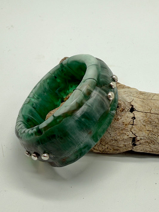 Green/Brown/White Oval Thick Rim Resin & silver wide bangle - XS hand size