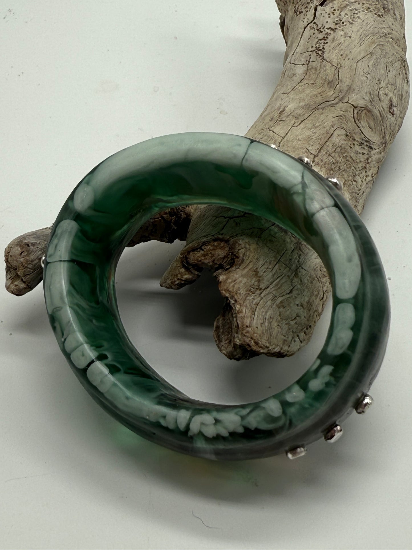 Green/Brown/White Oval Thick Rim Resin & silver wide bangle - XS hand size